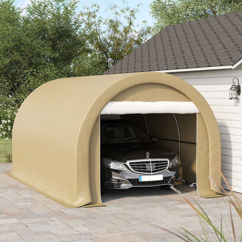 Outsunny 10' x 16' Carport, Heavy Duty Portable Garage Storage Tent with Large Zippered Door, Anti-UV PE Canopy Cover for Car, Truck, Boat, Motorcycle, Bike, Garden Tools, Outdoor Work, Beige