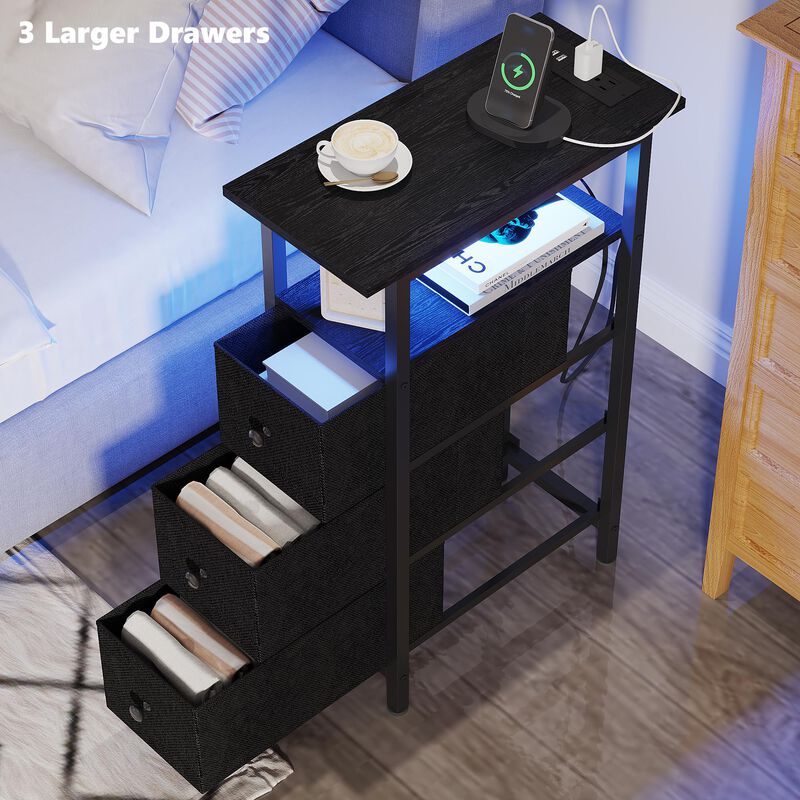 TRIFEBLE End Table with Charging Station, Narrow Side Table with 3 Fabric Drawers, Skinny Nightstand with LED Light, Slim Bedsid