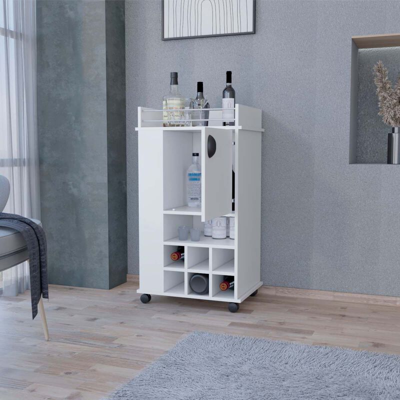 Allandale 1-Door Bar Cart with Wine Rack and Casters White