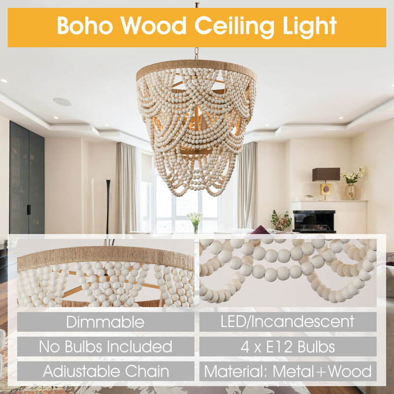 4-Light Bohemian Natural Wood Beaded 3 Tiered Chandelier