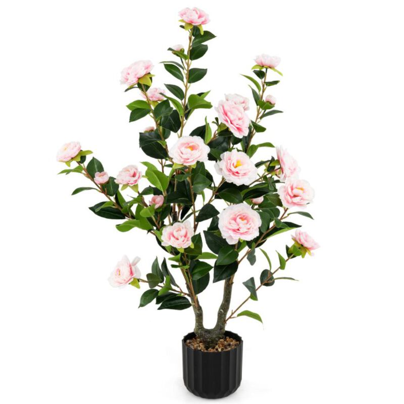 Hivvago Artificial Camellia Tree Faux Flower Plant in Cement Pot