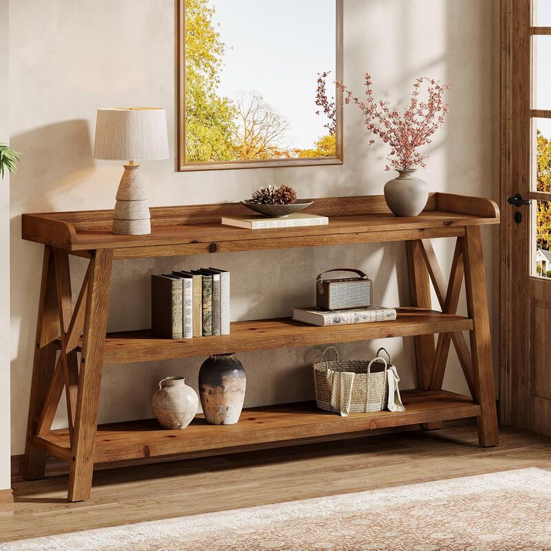 Farmhouse Solid Wood Sofa Console Table with 3-Tier Shelves-Vintage Brown image number 3
