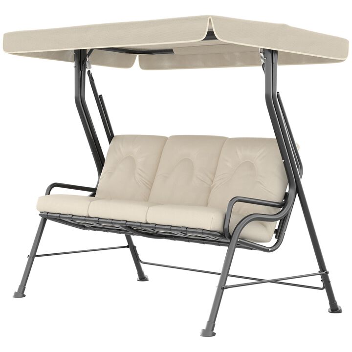 Outsunny 3-Seat Patio Swing Chair, Outdoor Swing Glider with Adjustable Canopy, Removable Thicken Cushion, and Weather Resistant Steel Frame, for Garden, Poolside, Backyard, Cream White