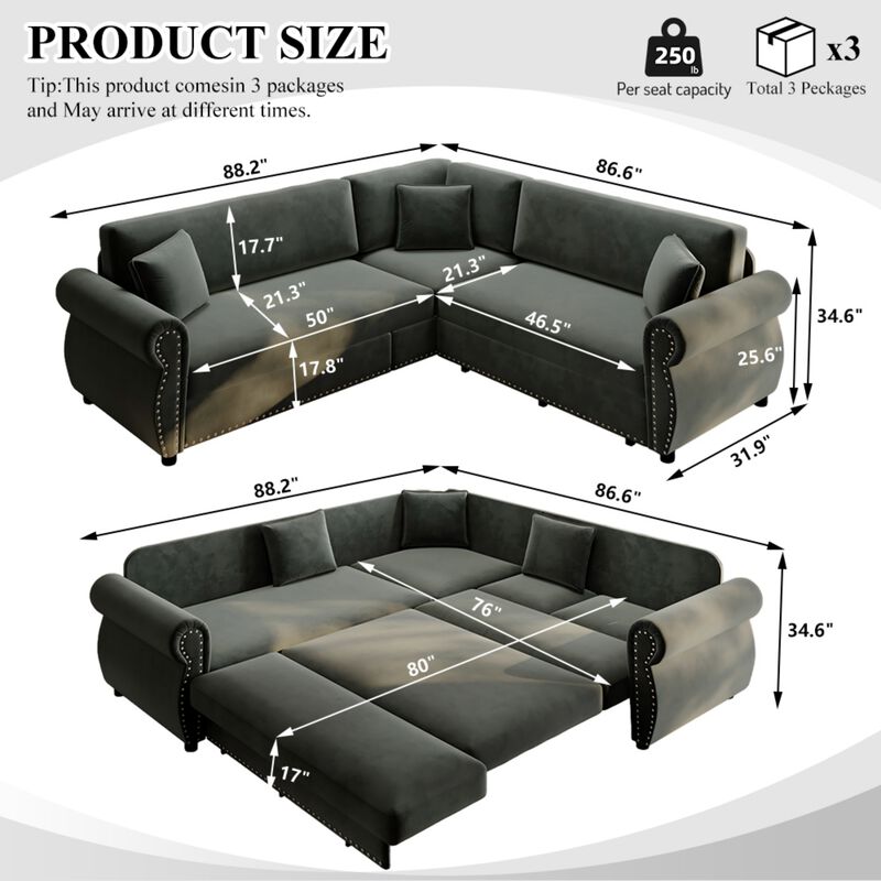 Possku Chenille L‑Shaped Sectional Sleeper Sofa image number 9