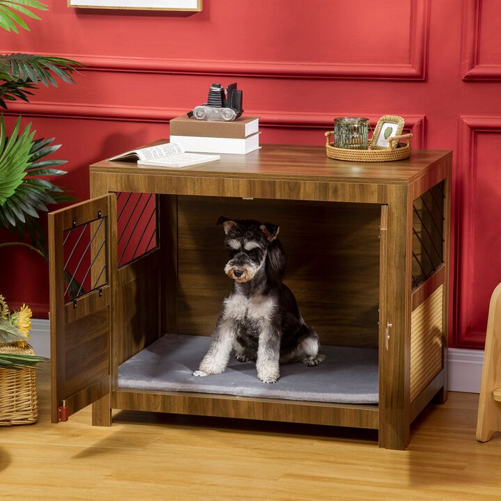 Walnut Pet Furniture: Dog Crate End Table with Cushion and Doors