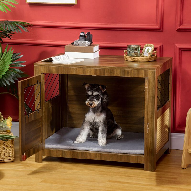 Walnut Pet Furniture: Dog Crate End Table with Cushion and Doors