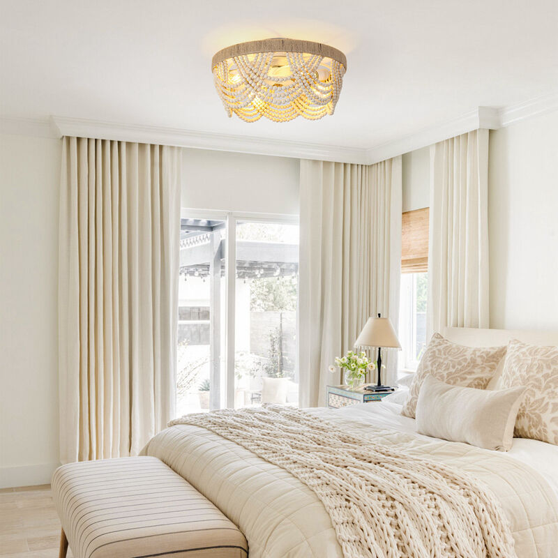 20" Beige Wood Beaded 4-Light Flush Mount Smart Ceiling Fan with Remote and Light Kit