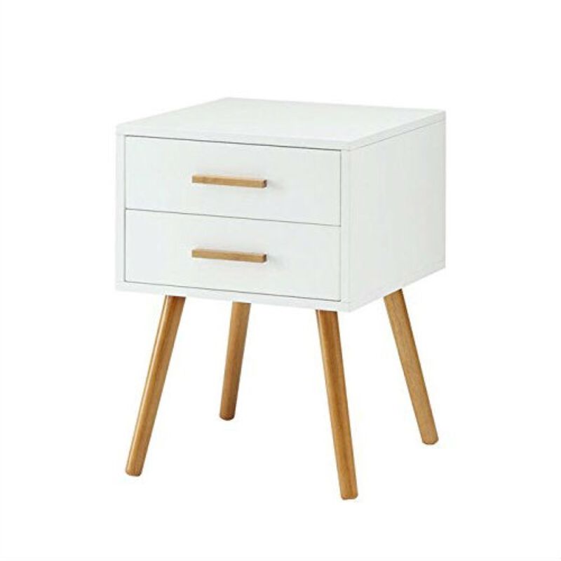 Hivvago Modern 2-Drawer End Table Nightstand in White with Mid-Century Style Wood Legs