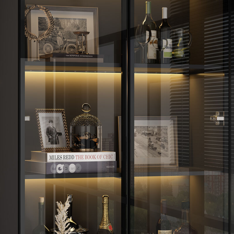 FUFU&GAGA Wood Storage Cabinet Display Cabinet with Tempered Glass Doors, 3-Color LED Lights, and Aluminum Framed, (94.5" L x 15.7" W x 63" H), Black