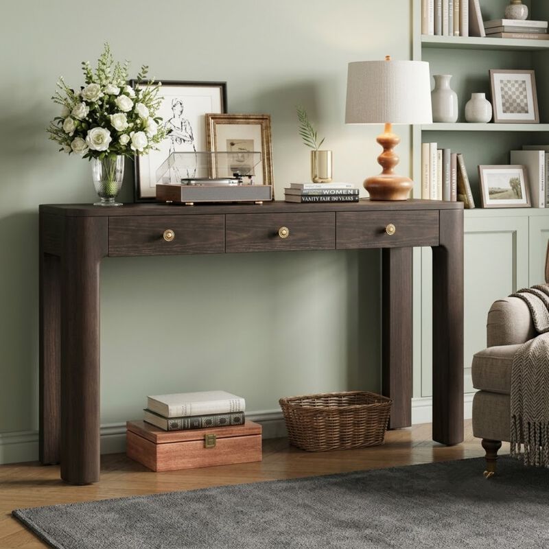 Whisen 52" Rustic Console Table with 3 Drawers, Solid Wood MDF, Sturdy Sofa Table for Entryway Living Room Hallway image number 1