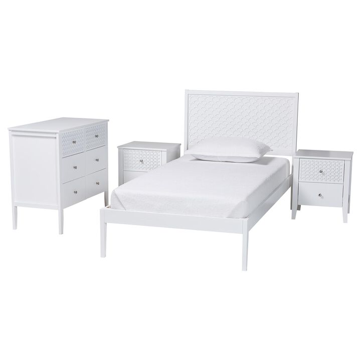Baxton Studio Lara Twin 4-Piece Bedroom Set - Modern Wood Bed Frame with Matching Nightstands and Dresser, Decorative Laser-Cut Overlay