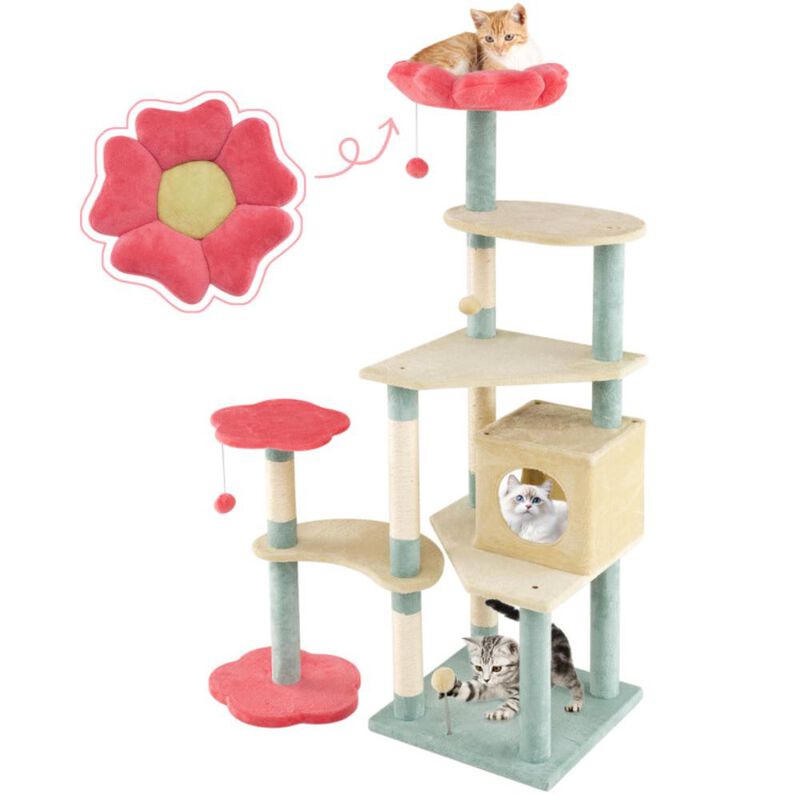 Hivvago 61 Inch Multi-Level Aesthetic Floral Kitten Tower with Flower-Shaped Padded Perch