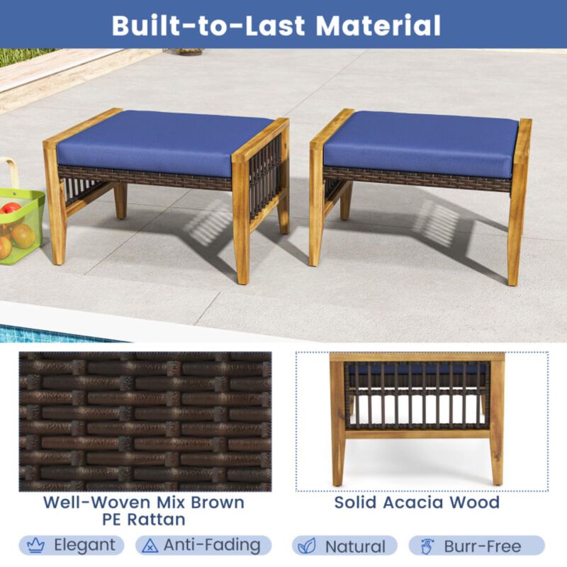 Hivvago Patio Acacia Wood Ottomans with Cushions and Versatile Rattan Woven Footstools