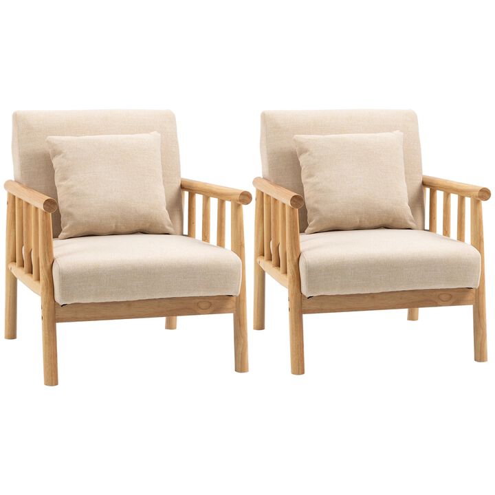 Accent Chair with Softness & Support, Upholstered Arm Chair for Living Room Furniture, Comfy Chair for Bedroom, Living Room Chair with Throw Pillow and Wood Legs, Set of 2, Beige