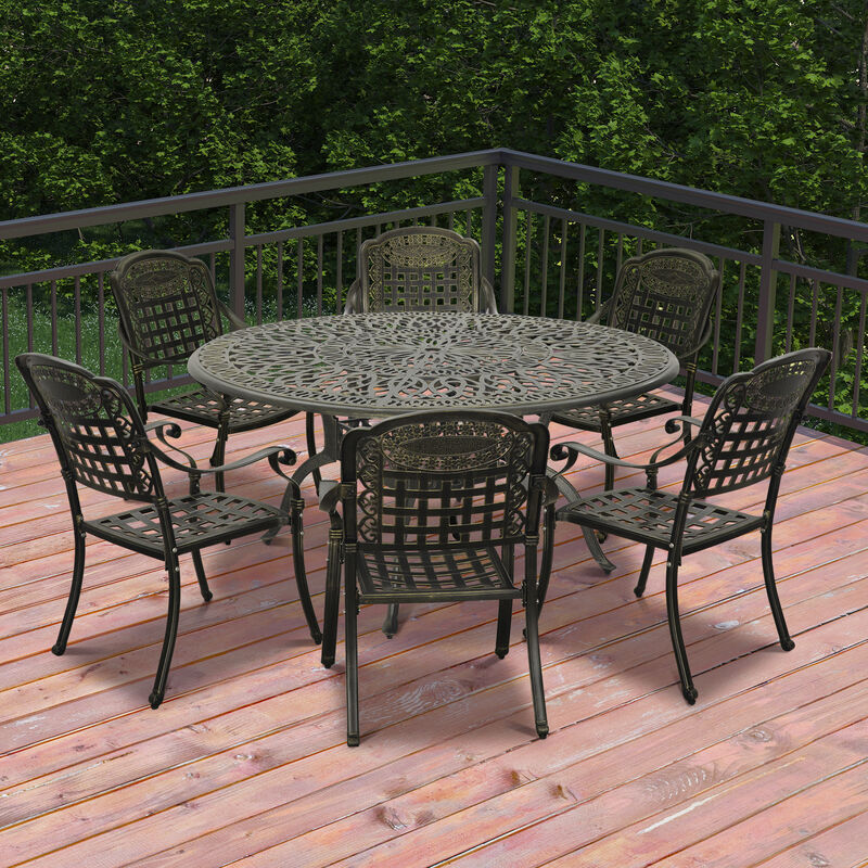 MONDAWE 7-Piece Cast Aluminium Patio Dining Set Aluminum Round Table with 6 Stationary Chairs