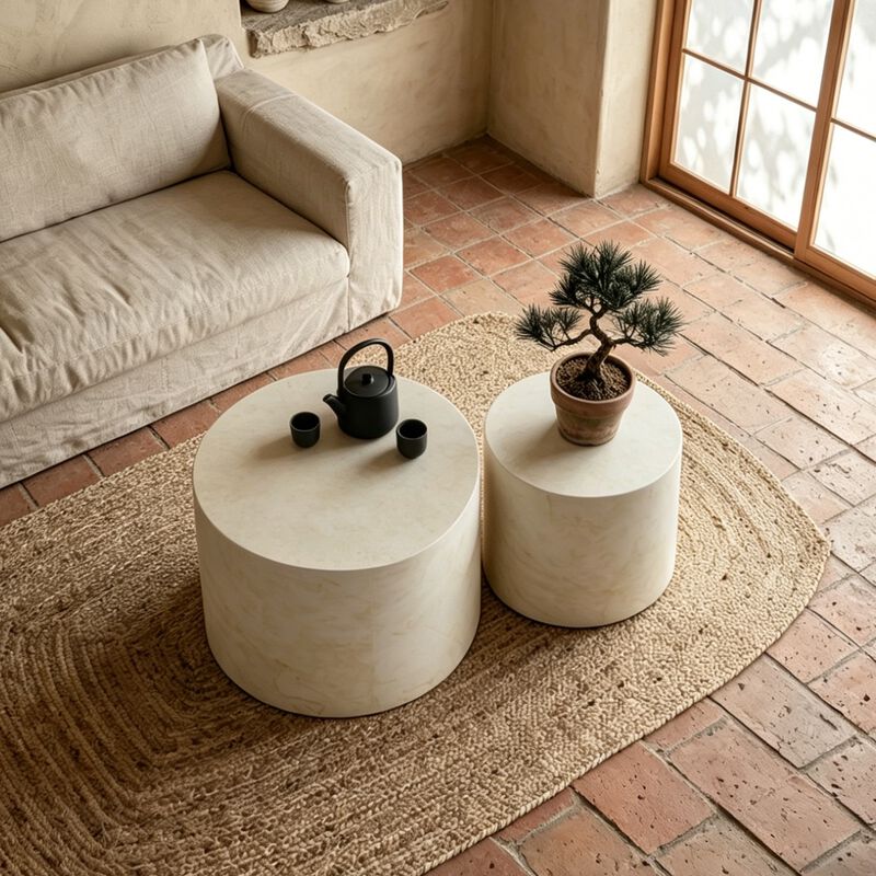Modern Round Drum Nesting Coffee Table Set of 2, Wooden Cylinder Coffee Tables for Living Room, Space-Saving Design image number 2