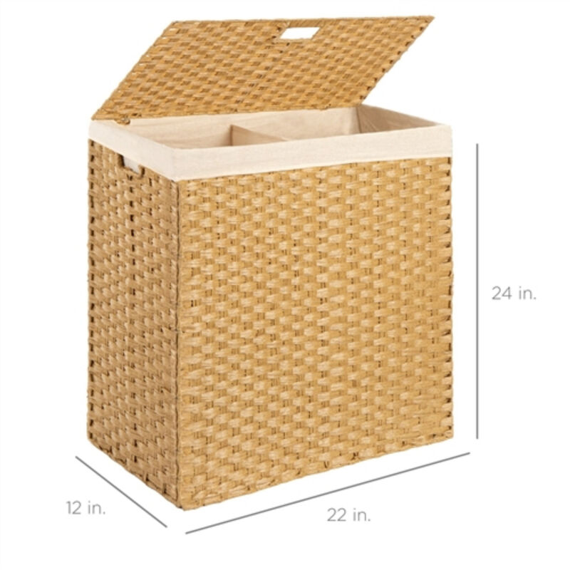 Folding 2-Bin PE Wicker Linen Liner Laundry Hamper with Handles