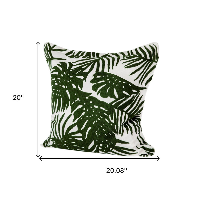 HomeRoots 20" Green And White Tropical Botanical Linen Throw Pillow Cover with Embroidery image number 3