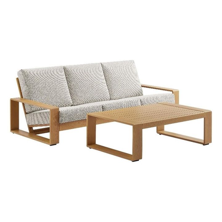 Modway Lirienne Aluminum Faux Wood 2-Piece Backyard Furniture Set in Ivory Natural &ndash; Patio Conversation Set with 3 Seater Sofa & Coffee Table