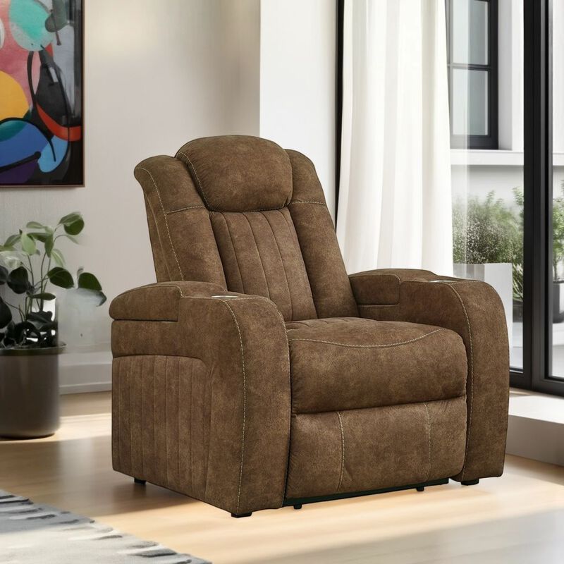 Alexy Power Recliner Chair, Cupholder, USB Port, Brown Faux Leather - Benzara