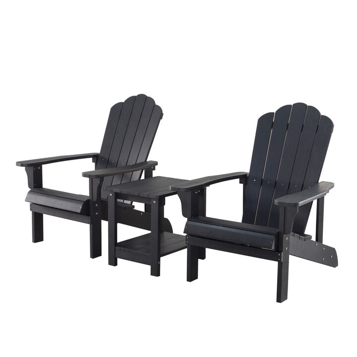 3 Piece Outdoor Patio All-Weather Plastic Wood Adirondack Bistro Set, 2 Adirondack chairs, and 1 small, side, end table set for Deck, Backyards, Garden, Lawns, Poolside, and Beaches, Black