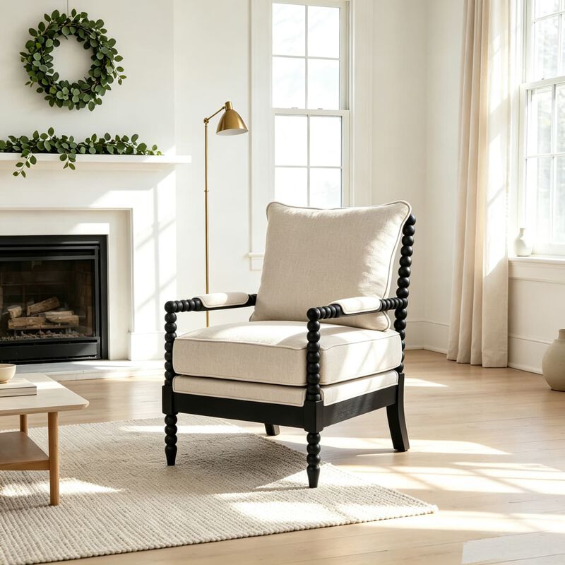 Modern accent chair in fabric and rubberwood, Spindle back chair with foam cushion, Upholstered chair for bedroom office living room image number 4