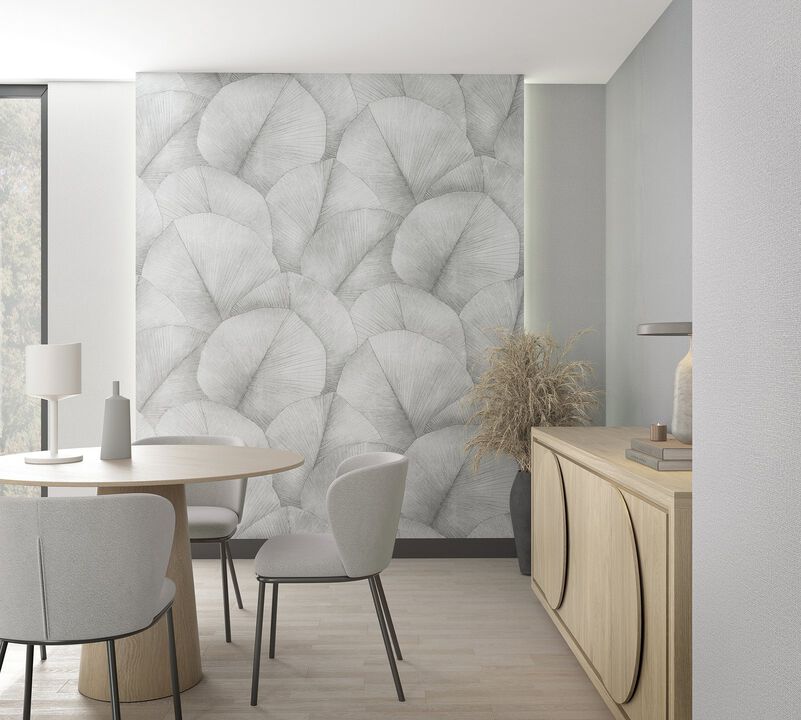 Kumano Repeatable Palm Leaf Silver Grey Mural 34598