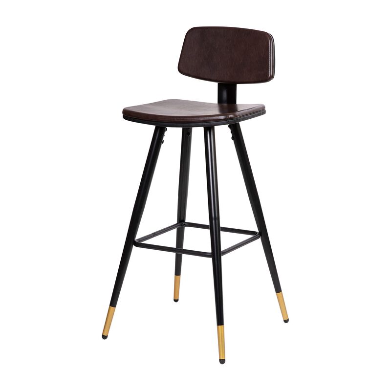 Flash Furniture Kora Commercial Grade Low Back Barstools-Brown LeatherSoft Upholstery-Black Iron Frame-Integrated Footrest-Gold Tipped Legs-Set of 2