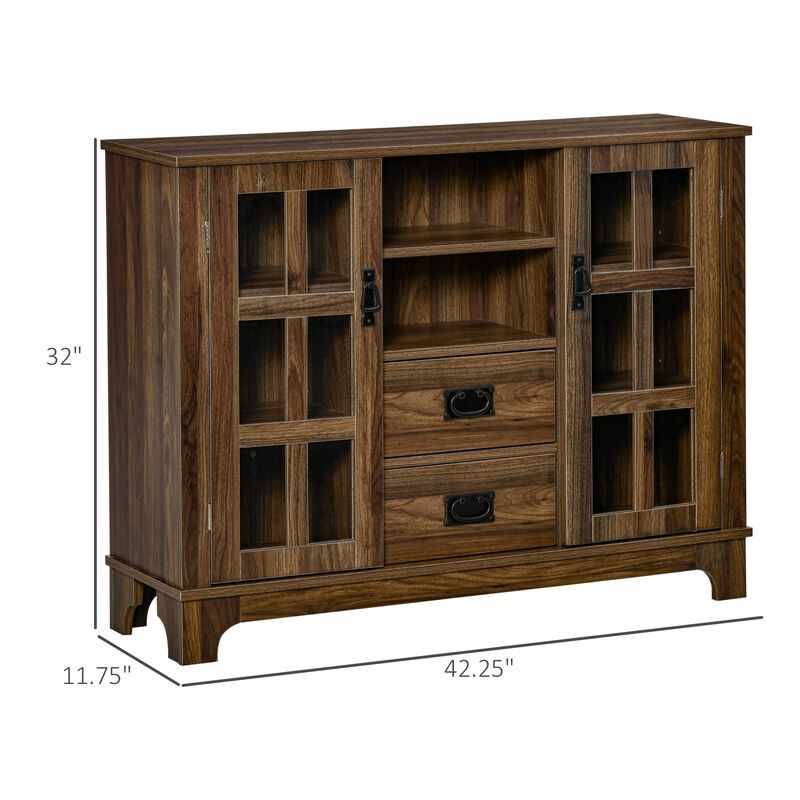 Kitchen Sideboard, Glass Door Buffet Cabinet, Server Cupboard with Storage Drawers & Adjustable Shelves for Living Room, Walnut