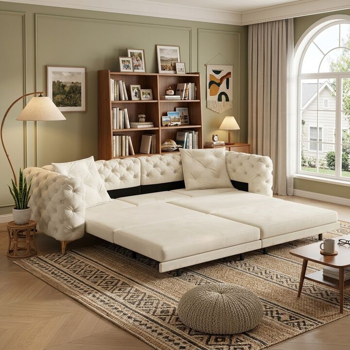Whisen 97.7" 4-Seat Convertible Sleeper Sofa, Velvet 3-in-1 with Ottoman for Apartment Office