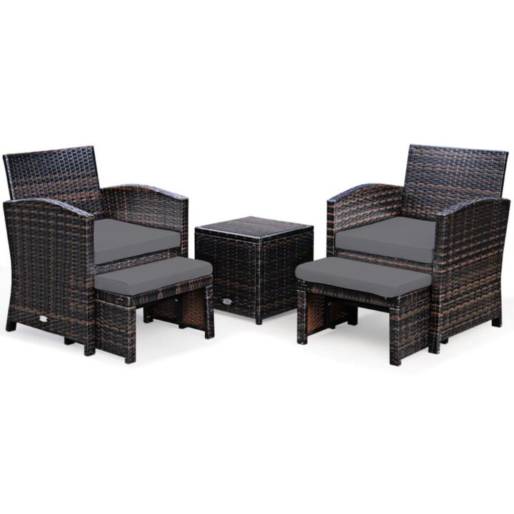 Hivvago 5 Pieces Patio Rattan Furniture Set with Ottoman and Tempered Glass Coffee Table