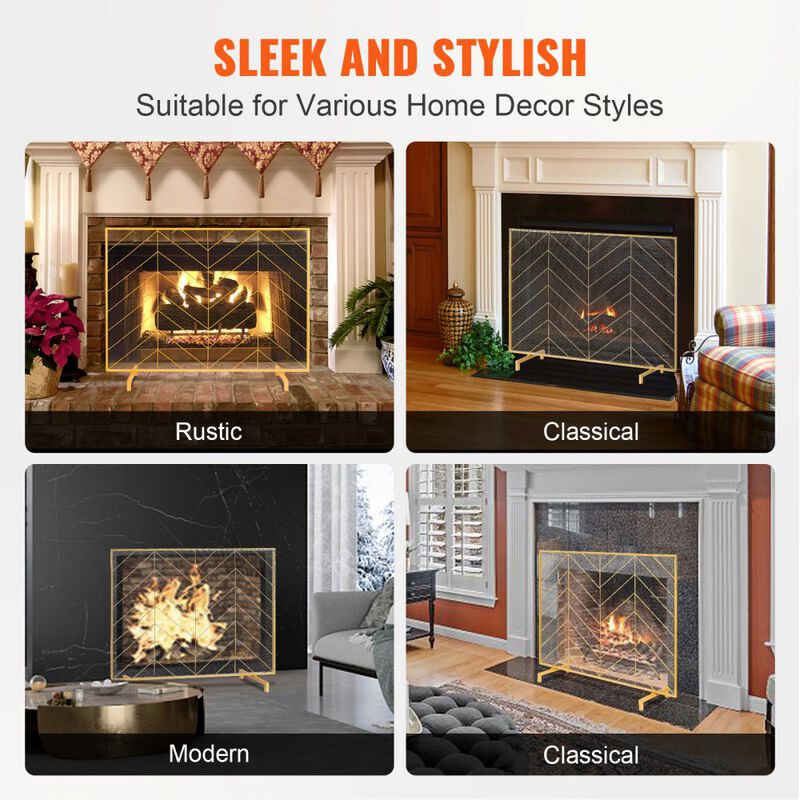 Single Panel Fireplace Screen with Iron Mesh, Freestanding Spark Guard for Indoor Fireplace-Gold image number 6