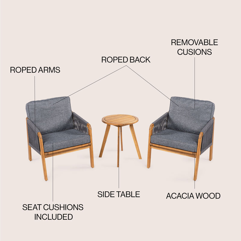 Aveiro 3-Piece Modern Bohemian Roped Acacia Wood Conversation Outdoor Patio Set with Cushions, Beige/Light Teak