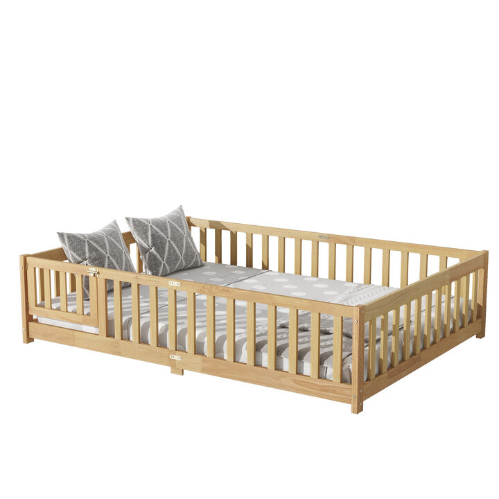 Whisen Full-Size Floor Bed with Safety Enclosure and Door, Rubber Wood Frame with Guardrail Fence