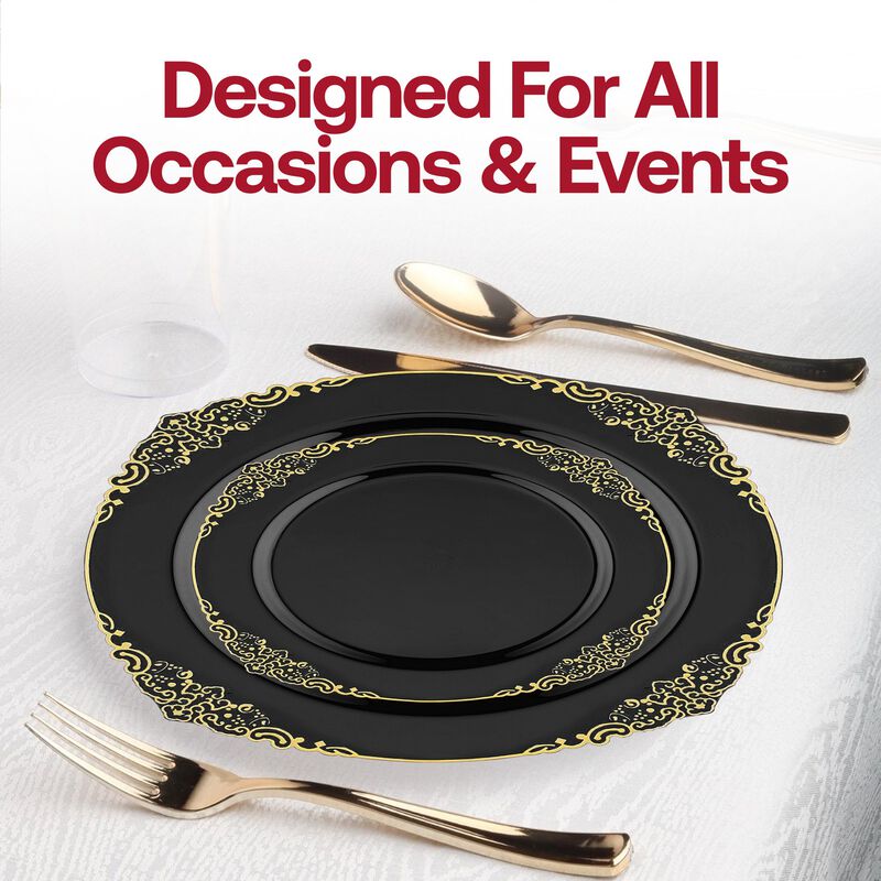 Black with Gold Fancy Round Plastic Dinnerware Value Set (60 Sets) image number 7