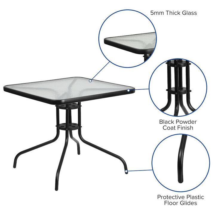 Flash Furniture 5 Piece Set - 31.5" Tempered Glass Patio Table, 4 Brown Stack Chairs