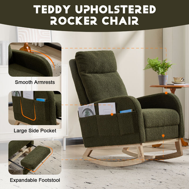 Upholstered Modern Rocking Chair with Solid Wood Legs and Ergonomic High Backrest image number 5