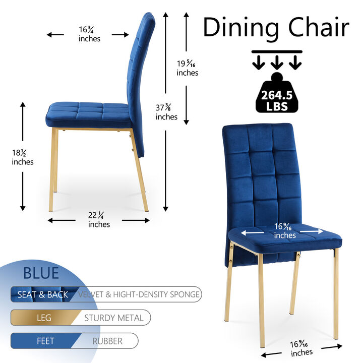 Dark Blue Velvet High Back Nordic Dining Chair Modern Fabric Chair with Golden Color Legs, Set Of 2