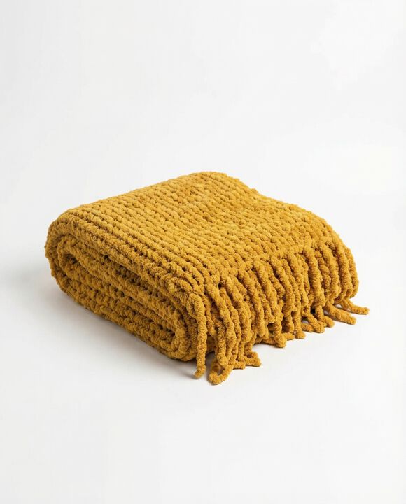 Chunky Chenille Knit Blanket With Fringe