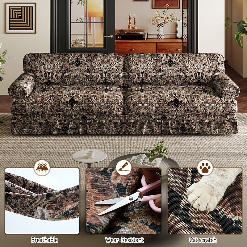 Whisen Mid-Century Sofa, Oxford Fabric Cloud Couch with Elegant Rolled Arms and Pleated Skirt Design