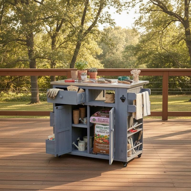 ELEMENT ACE Extendable Solid Wood Outdoor Kitchen Island Grill Table With Storage Drawers Spice Rack For Backyard BBQ And Meal Prep image number 2