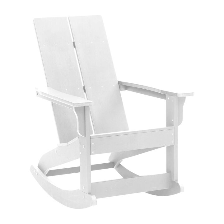 Flash Furniture Finn Modern Commercial Grade Poly Resin Wood Adirondack Rocking Chair - All Weather White Polystyrene - Dual Slat Back - Stainless Steel Hardware