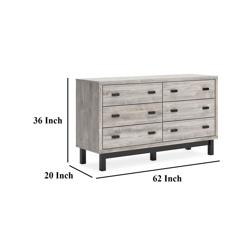 Veso 62 Inch Wide Dresser, 6 Drawers, Modern Light Gray and Black - Benzara