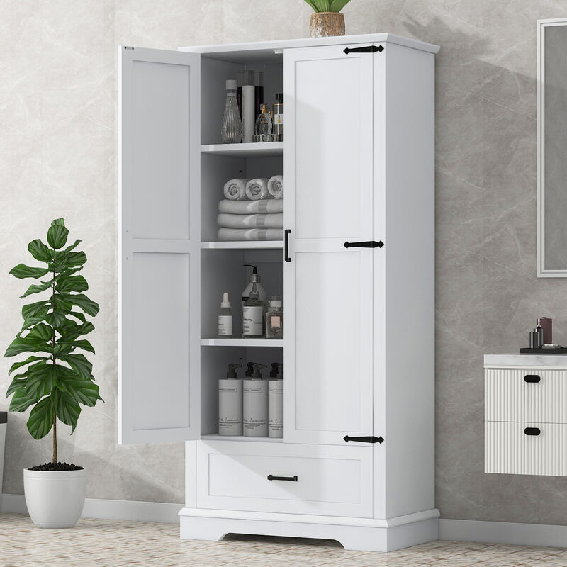 Whisen Tall White Bathroom Storage Cabinet with Black Handles, Double Doors, Drawer and Adjustable Shelf - White