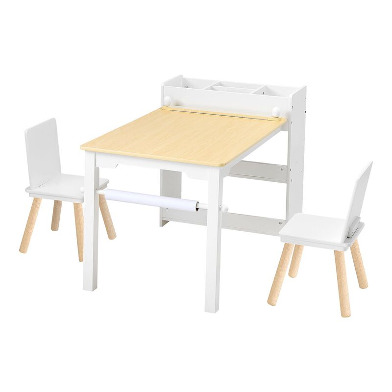 Kids Play Table with 2 Chairs and 3-Tier Storage for Art and Study Activities-White image number 0