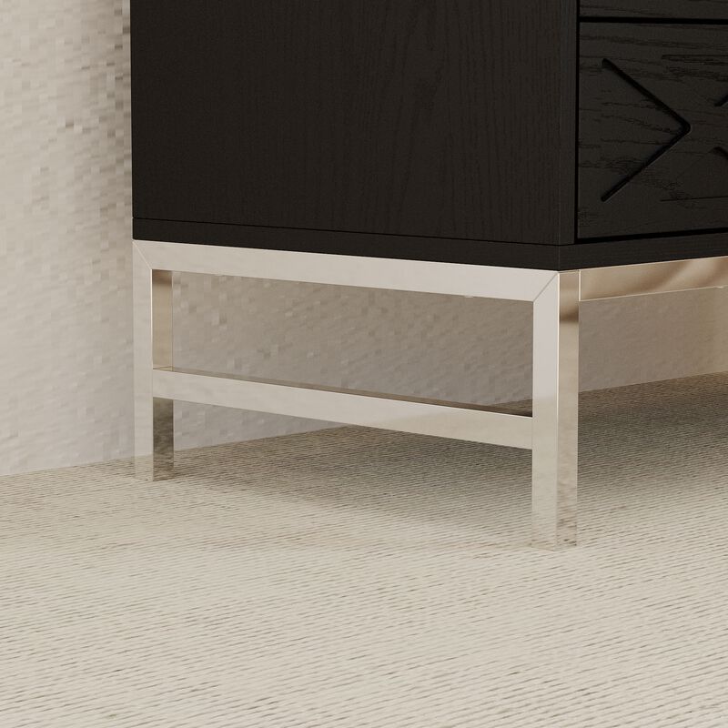 FUFU&GAGA Modern Black Wood Grain Storage Cabinet with Geometric Drawer Design, Silver Metal Handles & Legs, 3-Drawer Organization Unit (31.5" W x 15.4" D x 23.6" H)