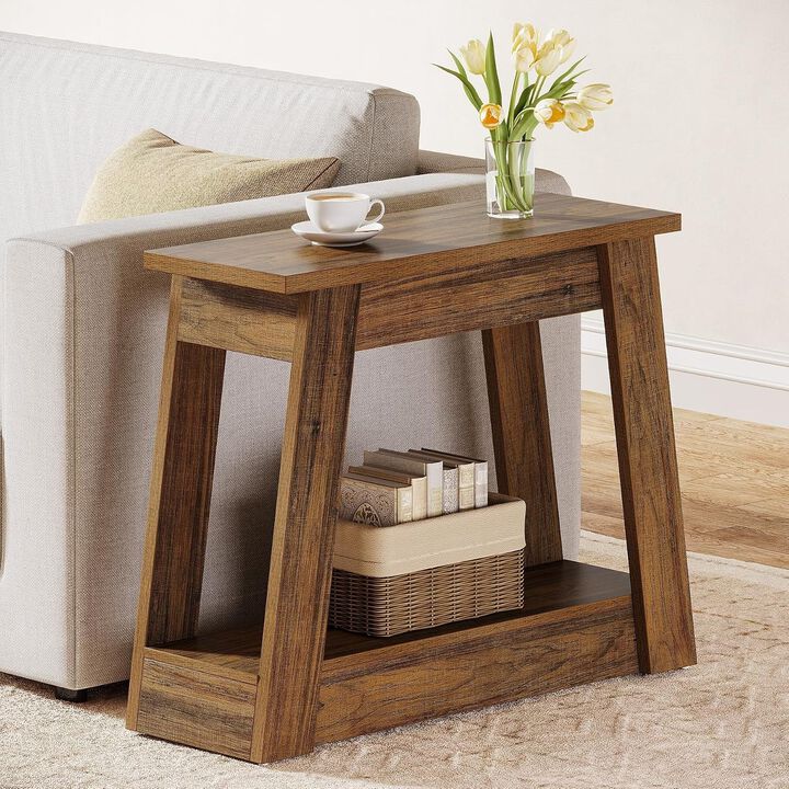 Tribesigns Small Side Table, 2-Tier Wood End Table with 2 Storage Shelves for Living Room, Narrow Nightstand Bedside Table with Storage, Rustic Brown, 31.5" Wide