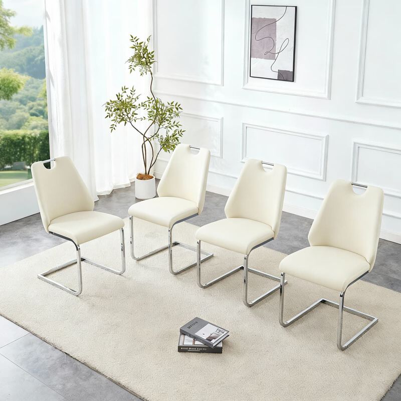 Set of 2 PU Leather Dining Chairs, High Back Upholstered Dining Chair with Ring Pull Handle, Modern Rectangular Back Dining Chair image number 3