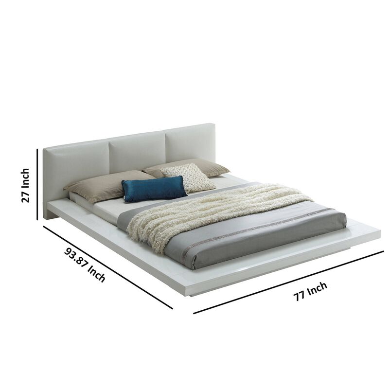 Wooden Queen Size Low Profile Bed with Padded Headboard, White-Benzara