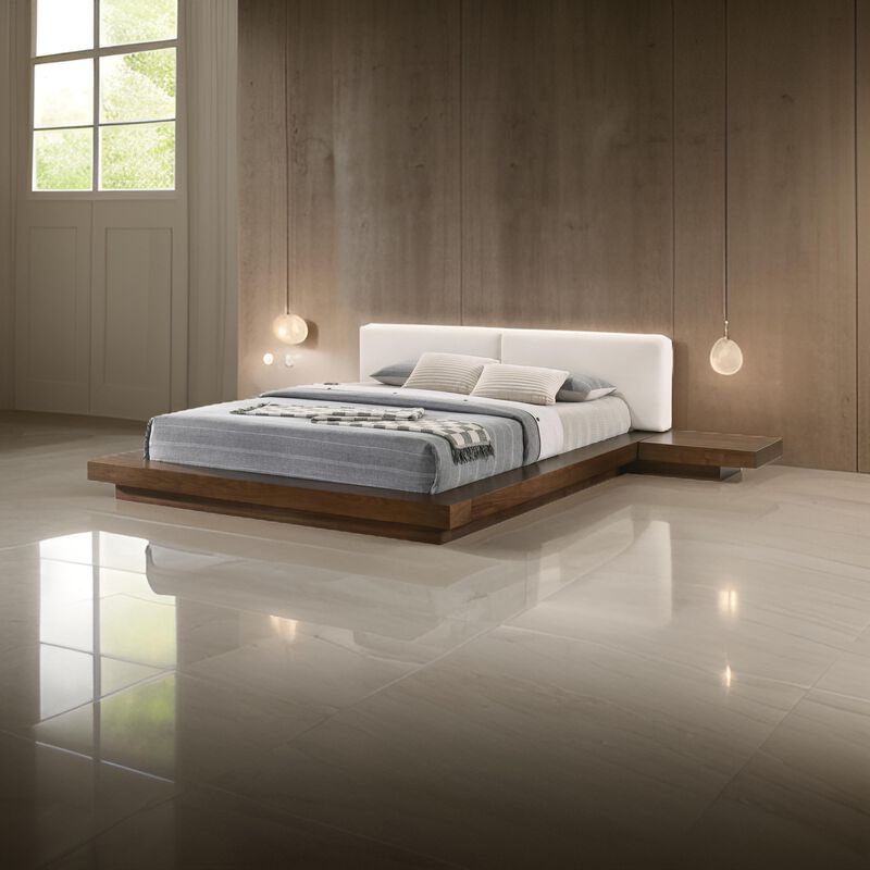 Nia Queen Size Bed, White Faux Leather, Walnut Brown Low Profile Platform  - Benzara